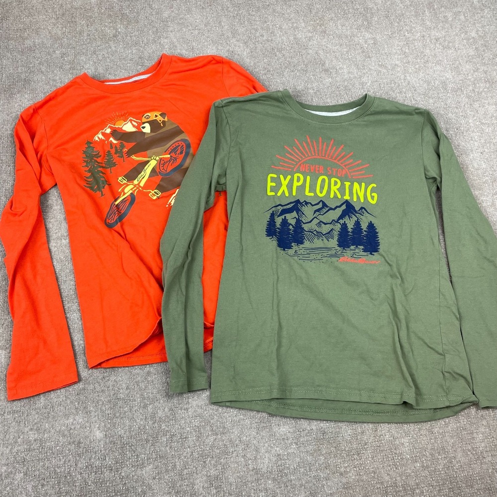 Eddie Bauer T-Shirt Boys Green Orange Never Stop Exploring Bear Graphic Lot Of 2